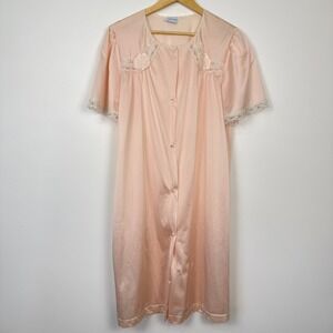 Vintage 70s 80s Lorraine Button Front Housecoat Robe Nightgown Large Peach Nylon